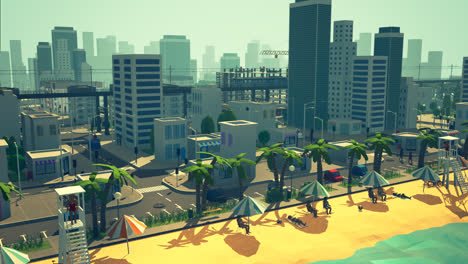 Low-poly-3d-animation-of-the-city-life.-Urban-aerial-view-of-the-city-block-with-skyscrapers,-offices,-shops-and-cars-driving-on-the-streets.-People-are-walking-on-the-crosswalks.
