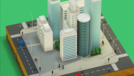 Low-Poly-3D-Animation-Des-Stadtlebens.-Stadtluftaufnahme-Des-Stadtblocks-Mit-Wolkenkratzern,-Büros,-Geschäften-Und-Autos,-Die-Auf-Den-Straßen-Fahren.-Menschen-Laufen-Auf-Den-Zebrastreifen.