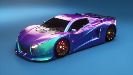 Iridescent-supercar-with-fluid-design-lines-in-3D-animation,-presenting-a-high-gloss-finish-and-dynamic-stance.