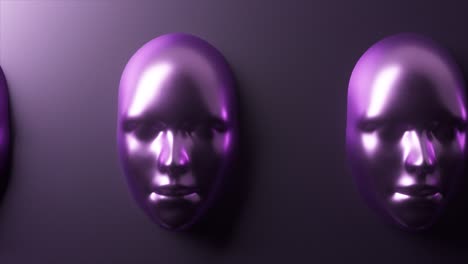Metallic-purple-masks-in-3D-animation,-exuding-mystery-with-their-smooth,-reflective-surfaces-on-a-dark-gradient-background.