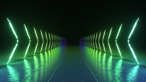 Las-Líneas-Luminosas-De-Neón-Se-Iluminan-Alternativamente-Y-Forman-Un-Pasillo-Sobre-Un-Fondo-Oscuro.-Luz-Verde-Azul.-Animación-3D-De-Un-Bucle-Sin-Interrupciones.