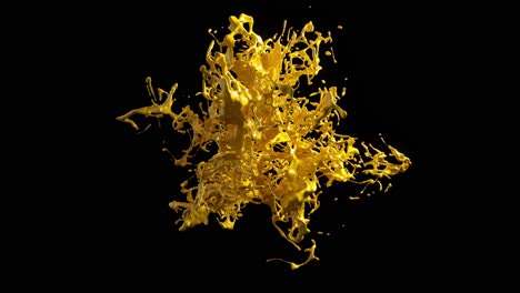 Salpicadura-De-Líquido-Amarillo-En-Animación-3D,-Que-Captura-Una-Explosión-Dinámica-Y-De-Forma-Libre-Con-Reflejos-Brillantes-Sobre-Un-Fondo-Negro.