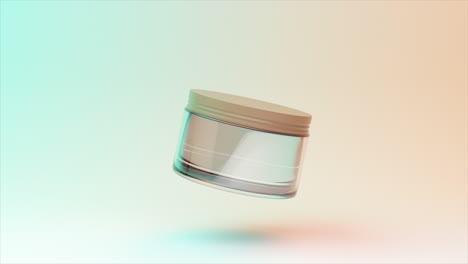 Cosmetic-jar-in-3D-animation-with-a-holographic-sheen,-floating-against-a-moody-gradient-background
