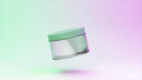Cosmetic-jar-in-3D-animation-with-a-holographic-sheen,-floating-against-a-moody-gradient-background