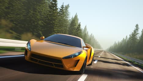 Sports-car-driving-fast-through-the-forest.-Camera-attached-do-the-front-of-a-car.-Loopable-animation.-Highway-high-speed-transportation-concept.-Automotive-race-fast-vehicle.