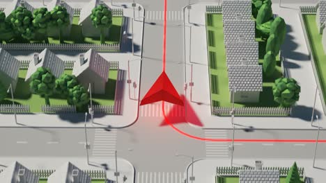 GPS-Navigationskarte-In-Der-3D-Technologie.-Ein-Grafisches-Konzept-Mit-Dem-Roten-Pfeil,-Der-Entlang-Des-Weges-In-Der-Stadt-Mit-Wolkenkratzern,-Vororten-Und-Parks-Verläuft.-Perfekt-Für-Kommunikationsbezogene-Zwecke