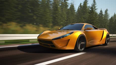 Sports-car-driving-fast-through-the-forest.-Camera-attached-do-the-front-of-a-car.-Loopable-animation.-Highway-high-speed-transportation-concept.-Automotive-race-fast-vehicle.