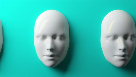 Máscaras-Idénticas-De-Color-Blanco-Mate-En-Animación-3D,-Presentadas-Sobre-Un-Fondo-Turquesa-Intenso,-Creando-Un-Contraste-Marcado-Y-Minimalista.