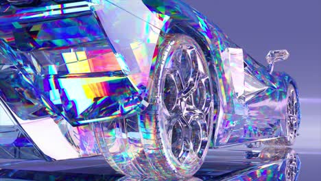 A-diamond-car-assembly-from-shiny-transparent-parts.-Close-up.-Pink-neon-color.-Advertising.-3D-animation.