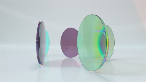 Abstraktes-Konzept-Transparente-Runde-Flache-Linsen-Drehen-Sich-Auf-Einem-Hellen-Hintergrund-Lichtbrechung-3d