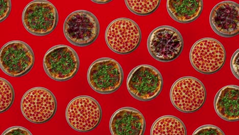 Trendiger-Food-Hintergrund.-3D-Animation-Fliegender-Pizzen-Auf-Rotem-Hintergrund