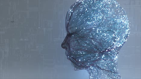 Das-Menschliche-Gesicht-Entsteht-Aus-Neonpartikeln-Und-Neuronen,-Die-Erschaffung-Des-Menschen,-Künstliche-Intelligenz,-Blau