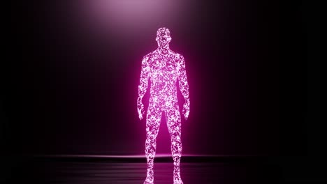 Visualisierung-Von-KI-Eine-Menschliche-Figur-Taucht-Aus-Neonblau-Leuchtenden-Partikeln-Auf-Dunklem,-Abstrakten-Hintergrund-Auf