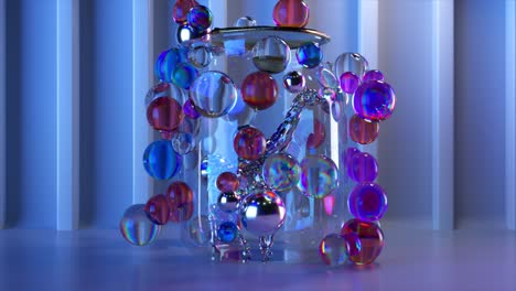 Holiday-Concept-Diamond-Giraffe-Walks-Inside-a-Transparent-Jar-Surrounded-By-Flying-Colorful-Balls