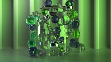 Urlaubskonzept-Diamantgiraffe-Läuft-In-Einem-Transparenten-Glas-Herum,-Umgeben-Von-Fliegenden-Bunten-Bällen