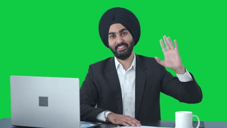 Sikh-Indischer-Geschäftsmann-Sagt-Hallo,-Grüner-Bildschirm