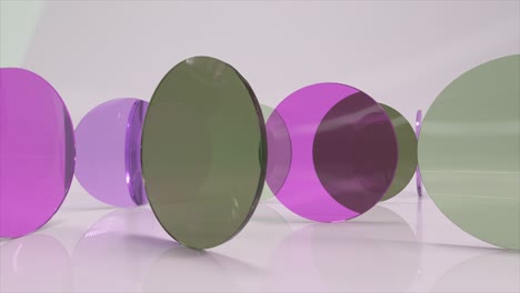 Bunte,-Durchscheinende,-Violett-grüne-Glaslinsen-Drehen-Und-Drehen-Sich-Auf-Einem-Hellen-Hintergrund,-3D-Animation