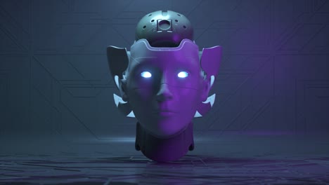 Concepto-Futurista-La-Cabeza-De-Cerámica-Del-Robot-Se-Abre-Para-Revelar-Un-Cerebro-Metálico-Y-Ojos-De-Neón-Neón-Azul