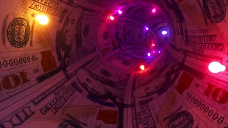 Flight-From-the-First-Person-Through-the-Money-Tunnel-Neon-Red-Blue-Purple-Garlands-Dollars-3d