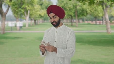 Glücklicher-Sikh-Indianer,-Der-Im-Park-Geld-Zählt