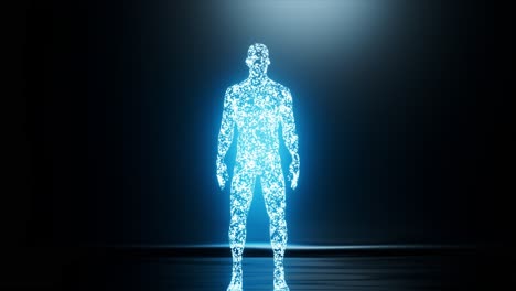 Visualisierung-Von-KI-Eine-Menschliche-Figur-Taucht-Aus-Neonblau-Leuchtenden-Partikeln-Auf-Dunklem,-Abstrakten-Hintergrund-Auf