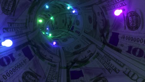 Flight-From-the-First-Person-Through-the-Money-Tunnel-Neon-Red-Blue-Purple-Garlands-Dollars-3d