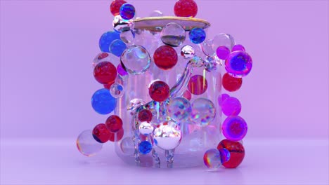 Diamantgiraffe-Läuft-In-Einem-Transparenten-Glasgefäß-Herum.-Blaue,-Rote,-Transparente-Metallische-Blasen-Fliegen