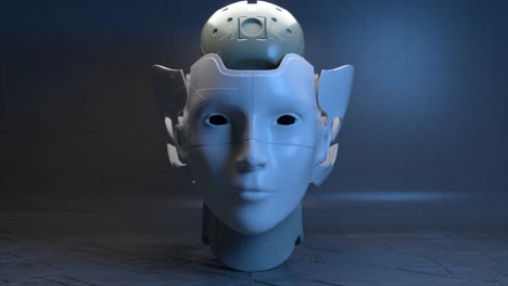 Futuristisches-Konzept:-Der-Keramikkopf-Des-Roboters-öffnet-Sich-Und-Gibt-Den-Blick-Auf-Ein-Metallisches-Gehirn-Und-Neonblaue-Augen-Frei