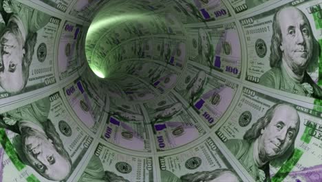 Finance-Concept-Flight-Through-the-Tunnel-of-Dollars-A-Light-in-the-End-of-a-Tunnel-3d-Animation-of