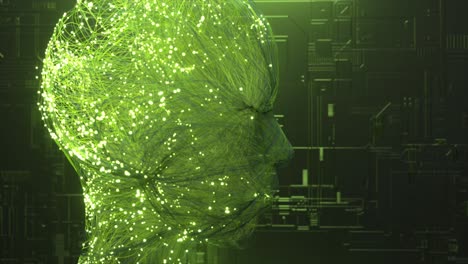 KI-Visualisierungskonzept:-Hellgrüne-Neonpartikel-Explodieren-Und-Erzeugen-Ein-Hologramm-Des-Menschlichen-Gesichts
