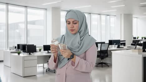 Traurige-Muslimische-Geschäftsfrau,-Die-Geld-Zählt
