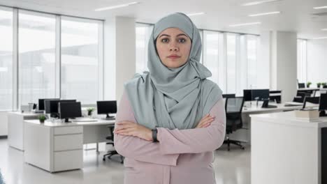 Happy-Muslim-businesswoman-standing-crossed-hands
