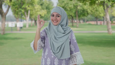 Glückliche-Muslimische-Frau,-Die-Im-Park-Ein-Okay-Schild-Zeigt