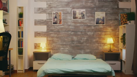 Establishing-shot-of-stylish-apartment-with-comfortable-bed