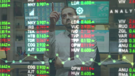 Stock-market-broker-looking-at-augmented-reality-display-with-numbers-and-trades-on-it