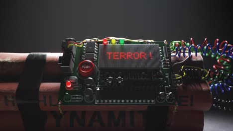 Bewaffnete-TNT-Countdown-Bombe-Mit-Sprengstoff-Und-Digitaler-Zeitschaltuhr.-Nahaufnahme-Der-Dynamitbombe-Mit-Dem-Wort-„Terror“-Auf-Der-Digitalanzeige.-Konzept-Von-Gefahr,-Terrorismus,-Bedrohung,-Krieg.-4k