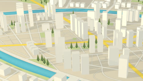 Stadtverkehrssystem-Auf-Dem-Weißen,-Abstrakten-GPS-Stadtplan-Mit-Der-3D-Darstellung-Von-Wolkenkratzern-Und-Bäumen.-Das-Kartografische-Plankonzept-Ist-Voll-Von-Straßen-Und-Routen