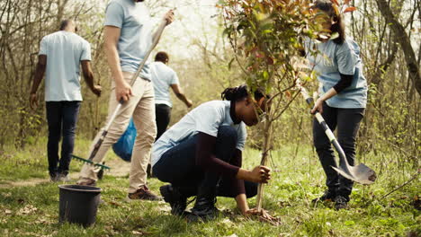 Diverse-climate-change-activists-work-to-plant-trees-in-the-woods