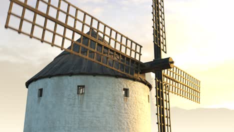 Vintage-agriculture-windmill’s-wings-working-and-rotating-slowly-during-sunset-with-clouds-in-the-background.-Camera-slowly-pans-around-a-building.-Spinning-turbine,-old-technology,-an-energy-exchange