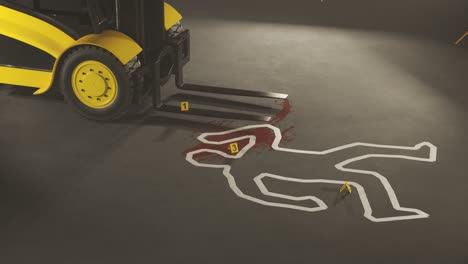 Storehouse-crime-scene.-Dead-body-outline-under-the-forklift.-Rising-up-camera-position.-It-is-important-to-prevent-all-kind-of-accidents-at-work.-Obligatory-controls-of-safety-while-working.