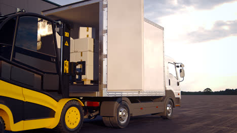Modern,-advanced,-robot-arm-loading-and-stacking-cargo-boxes-from-the-line-onto-a-forklift-inside-a-vast-warehouse.-Fast,-slick-and-efficient-and-sophisticated-piece-of-technology-working-effortless.