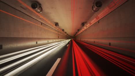 Time-stop-showing-colorful-light-trails-left-by-multiple-fast-cars-in-the-underground-tunnel-covered-with-white-glossy-tiles.-Night-slow-shutter-speed-illustration.-Time-freeze-and-camera-pitch.