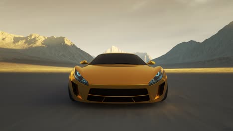 Sport-concept-car-racing-through-remote-desert-with-hills-in-the-background.-Generic-high-speed-automobile-traveling-symbolizes-transportation-luxury-and-adventure.-Fast-spinning-wheels.
