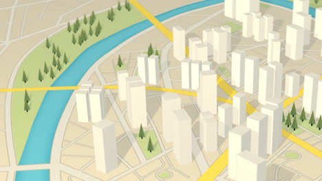 Stadtverkehrssystem-Auf-Dem-Weißen,-Abstrakten-GPS-Stadtplan-Mit-Der-3D-Darstellung-Von-Wolkenkratzern-Und-Bäumen.-Das-Kartografische-Plankonzept-Ist-Voll-Von-Straßen-Und-Routen