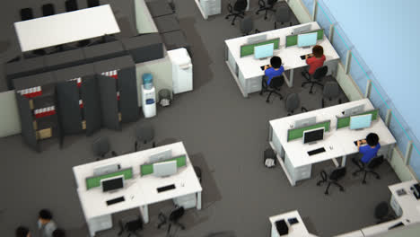 Luftaufnahme-Eines-Offenen-Firmenraums-Mit-Weißen-Bürokabinen-Und-Darin-Arbeitenden-Mitarbeitern.-Jede-Moderne-Kabine-Hat-Ein-ähnliches-Design-–-Einen-Schreibtisch-Mit-Computer,-Monitor,-Telefon-Und-Stuhl.