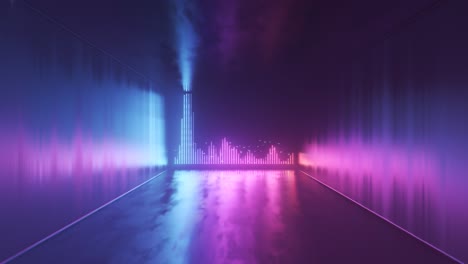 Animation-of-colorful-audio-equalizer.-Music-beat-control-levels.-Multicolored-sound-wave-illuminating-an-empty-room-with-bright-neon-lights.-Reflections-on-dark-walls-surface.-Party,-DJ-background.