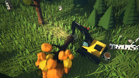 Low-poly-3d-animation.-The-lumber-industry-technology.-The-yellow-caterpillar-vehicle-equipped-with-the-sharp-saw-in-front,-is-driving-through-the-forest-and-cutting-trees-on-its-way.