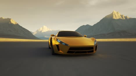 Sport-concept-car-racing-through-remote-desert-with-hills-in-the-background.-Generic-high-speed-automobile-traveling-symbolizes-transportation-luxury-and-adventure.-Fast-spinning-wheels.