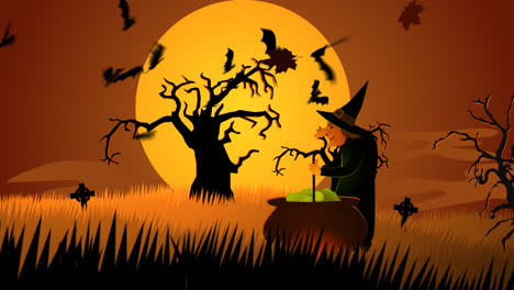 Halloween-in-a-dark,-creepy-house.-Ugly-witch-dressed-black-in-the-black-hat-is-preparing-a-potion-in-a-cauldron.-The-room-is-full-of-scary-pumpkins,-old-books-and-spooky-animals.
