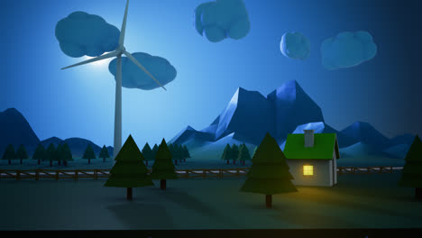 Low-poly-animation.-Ecological-concept.-An-old,-dirt-factory-spreading-pollution-in-the-air-is-changed-by-eco-technology-of-the-wind-turbines-provide-clean,-renewable-energy.